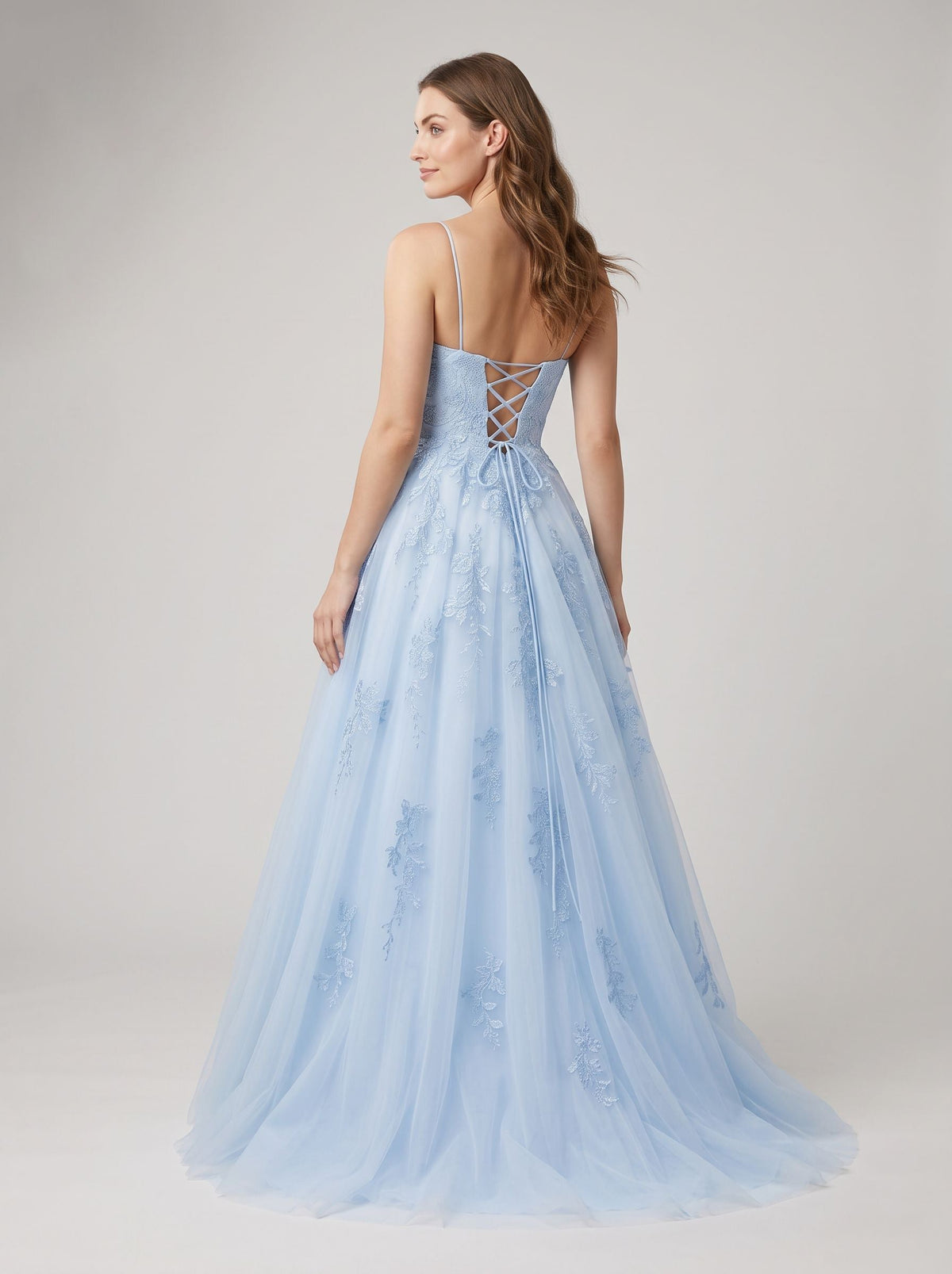 Mist Lace & Tulle A-Line Straight Neck Lace-up Floor-Length Dress with Embroidered Lace Bodice - Curvevia