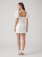 White Lace A-Line Sweetheart Back Zip Short Dress with Puff Sleeves - Curvevia