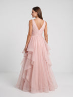 Blushing Pink Tulle A-Line V-Neck Back Zip Floor-Length Dress with Tiered Tulle - Curvevia