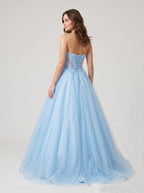 Sky Blue Tulle A-Line Sweetheart Lace-up Floor-Length Dress with Floral Applique - Curvevia