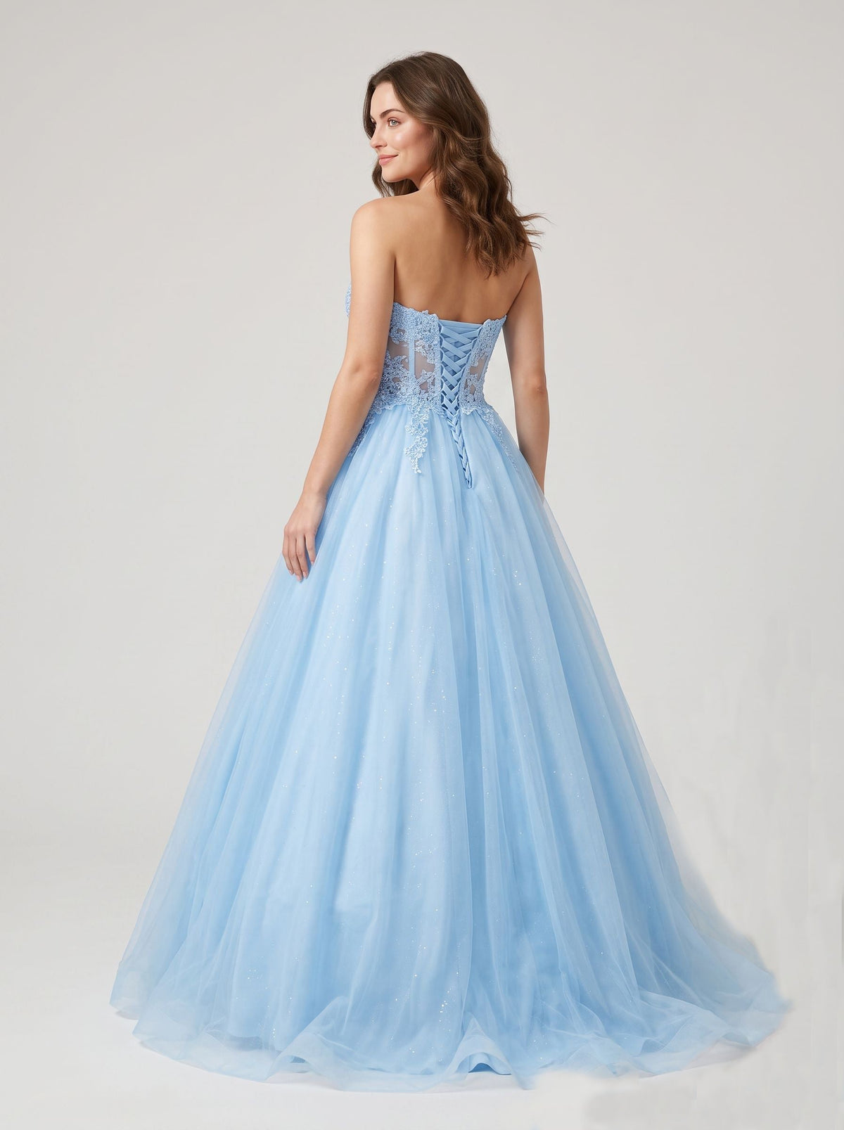Sky Blue Tulle A-Line Sweetheart Lace-up Floor-Length Dress with Floral Applique - Curvevia