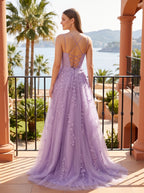 Lilac Tulle A-Line V-Neck Lace-up Floor-Length Dress with Floral Appliques - Curvevia