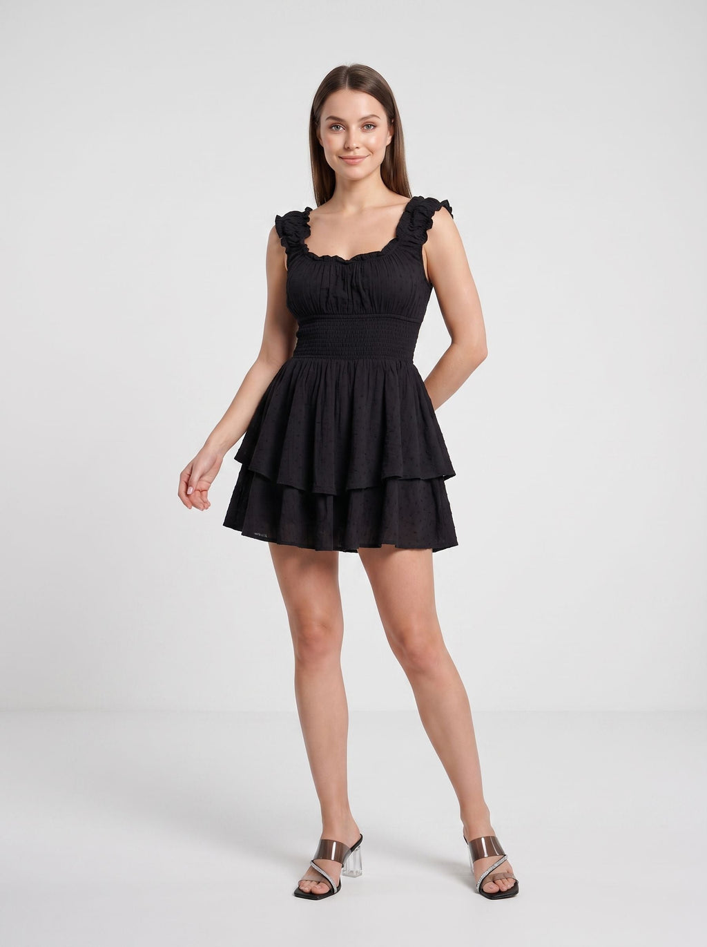 Black Satin A-Line Square Neck Back Zip Short Dress with Ruched Bodice and Layered Skirt - Curvevia