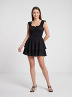 Black Satin A-Line Square Neck Back Zip Short Dress with Ruched Bodice and Layered Skirt - Curvevia
