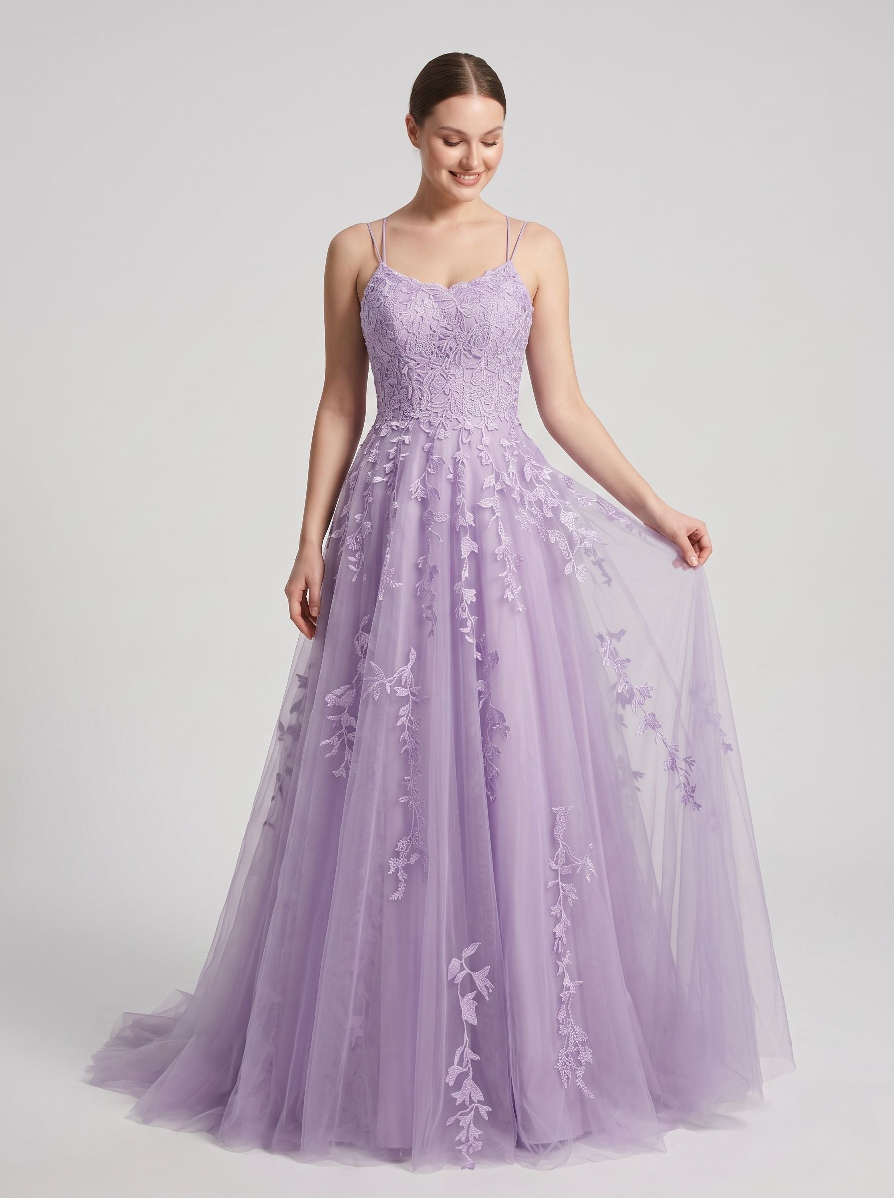 Lilac Tulle A-Line V-Neck Lace-up Floor-Length Dress with Floral Appliques - Curvevia