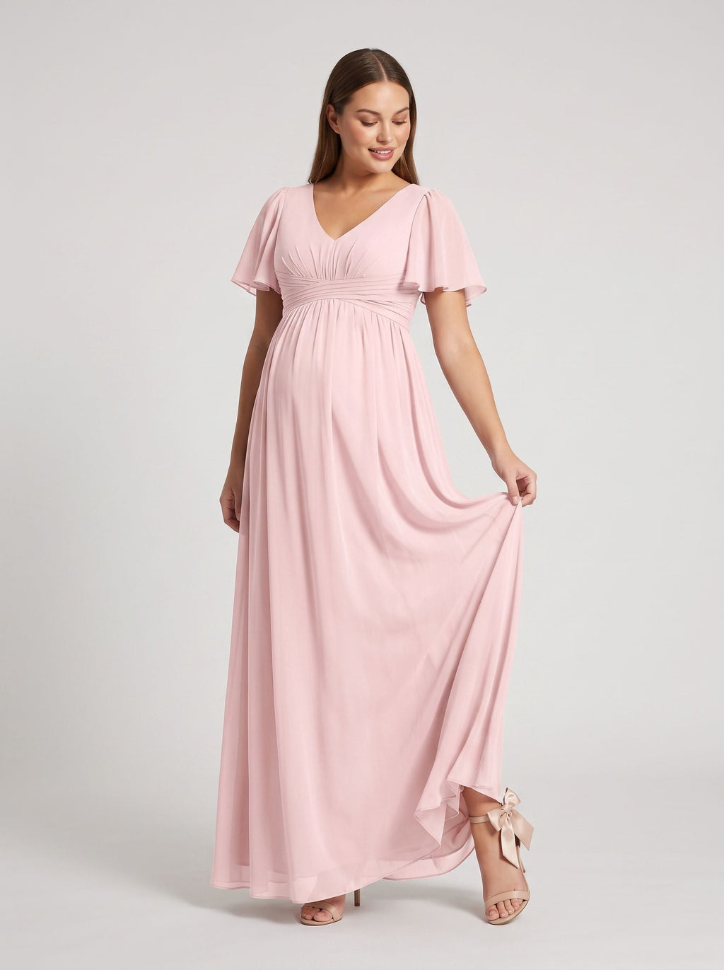 Blushing Pink Chiffon A-Line V-Neck Back Zip Ankle-Length Maternity Bridesmaid Dress - Curvevia