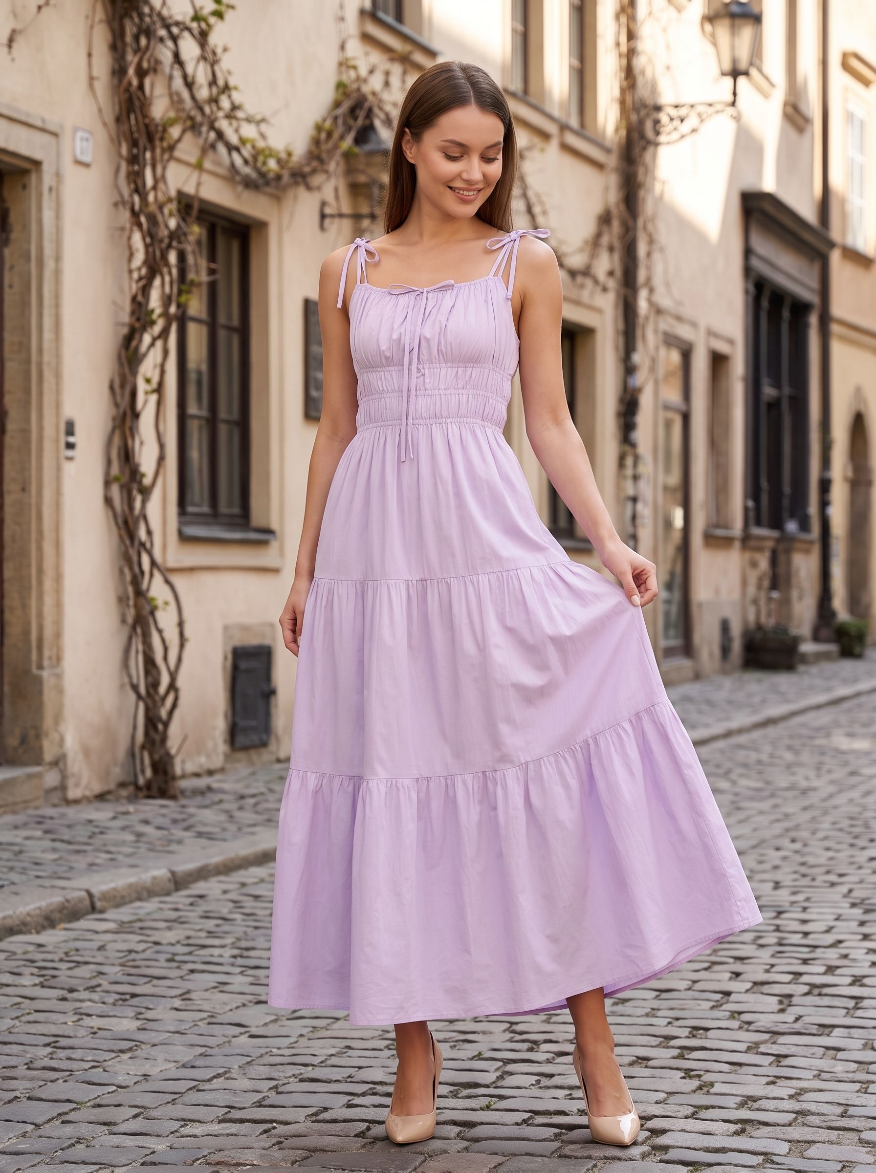 Lavender Matte Satin A-Line Square Neck Backless Ankle-Length Dress with Tiered Skirt and Adjustable Straps - Curvevia