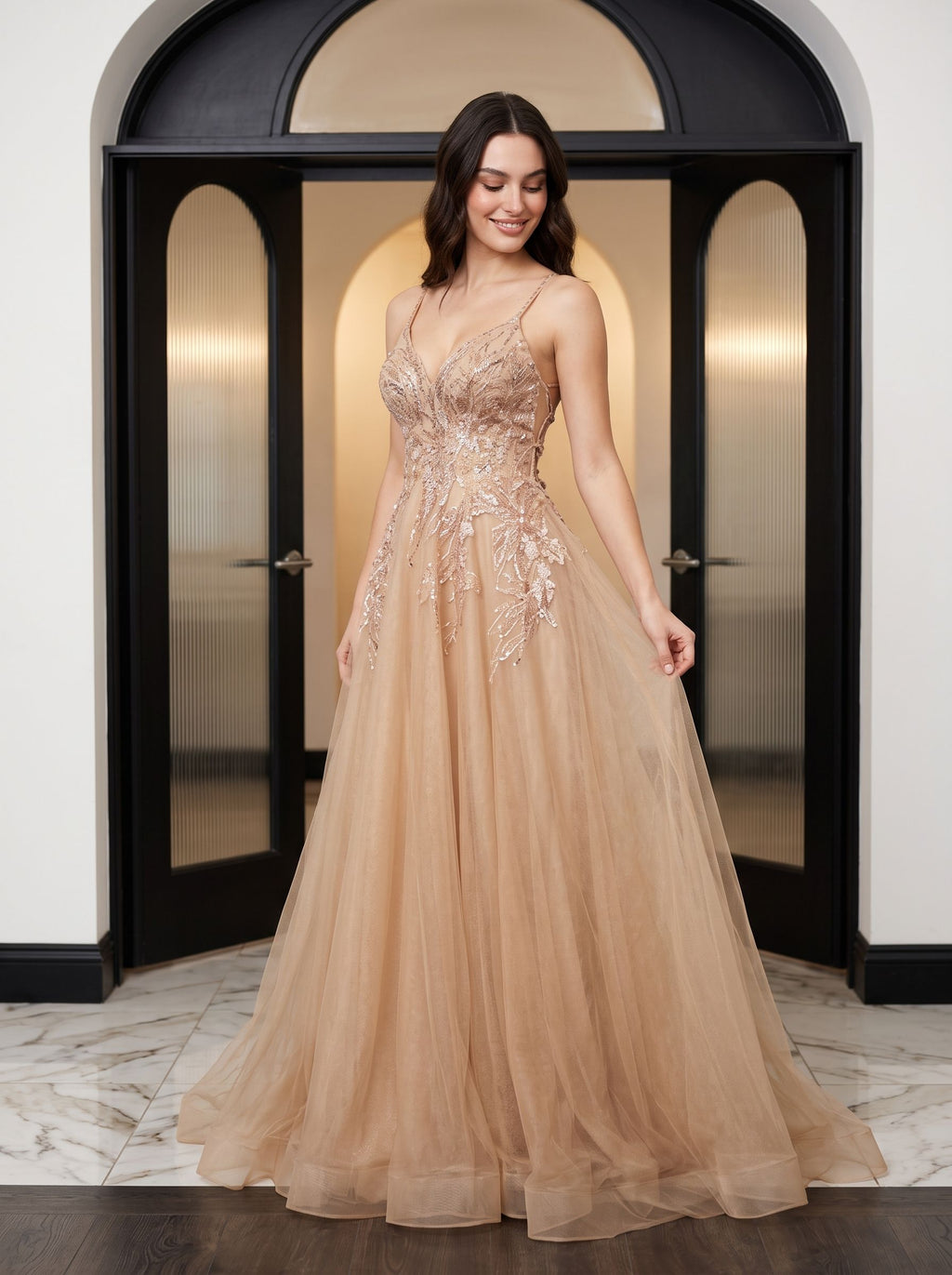 Champagne Tulle A-Line V-Neck Lace-up Floor-Length Dress with Beaded Corset - Curvevia
