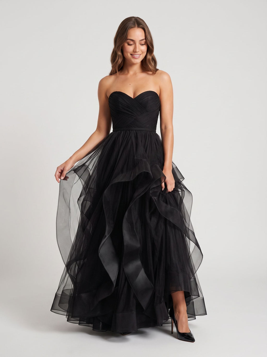 Black Tulle A-Line Sweetheart Back Zip Floor-Length Dress with Ruching and Drape - Curvevia