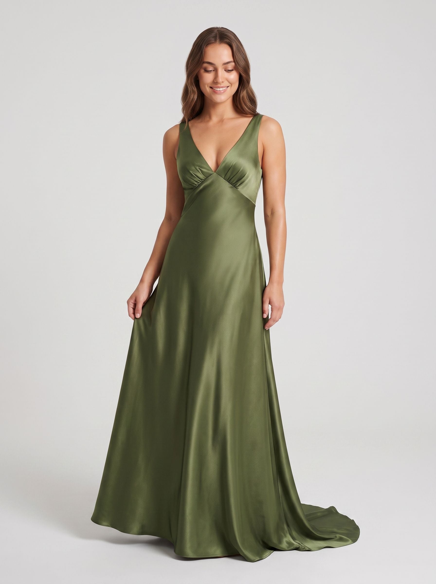Olive Green Satin A-Line V-Neck V-Back Floor-Length Dress with Pleated Bodice - Curvevia