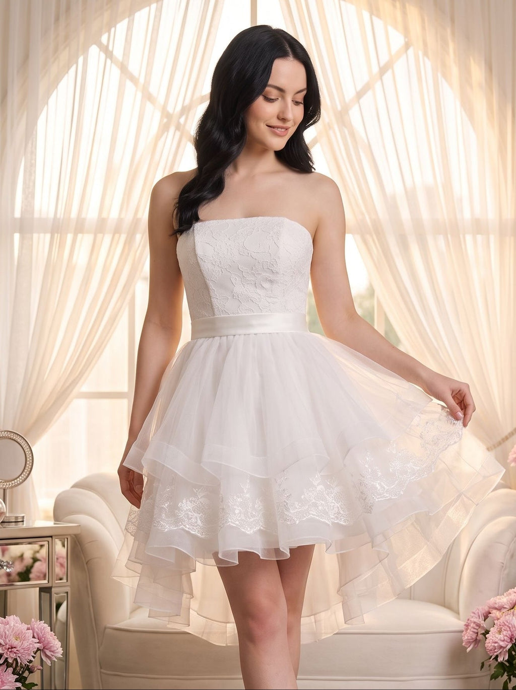 White Tulle A-Line Straight Neck Back Zip Short Dress - Curvevia