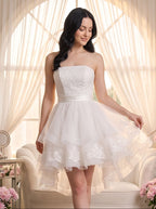 White Tulle A-Line Straight Neck Back Zip Short Dress - Curvevia