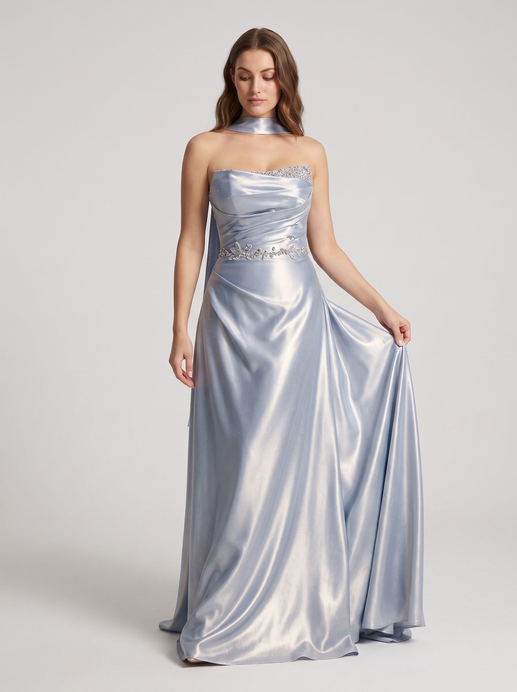 Silver Satin A-Line Straight Neck Criss-Cross Straps Floor-Length Dress with Crystal Belt - Curvevia
