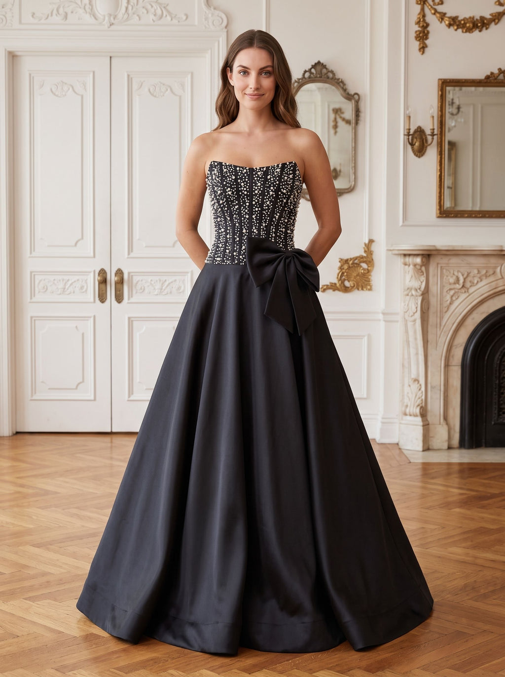 Black Satin A-Line Straight Neck Back Zip Floor-Length Dress with Beaded Bow - Curvevia