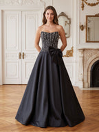 Black Satin A-Line Straight Neck Back Zip Floor-Length Dress with Beaded Bow - Curvevia