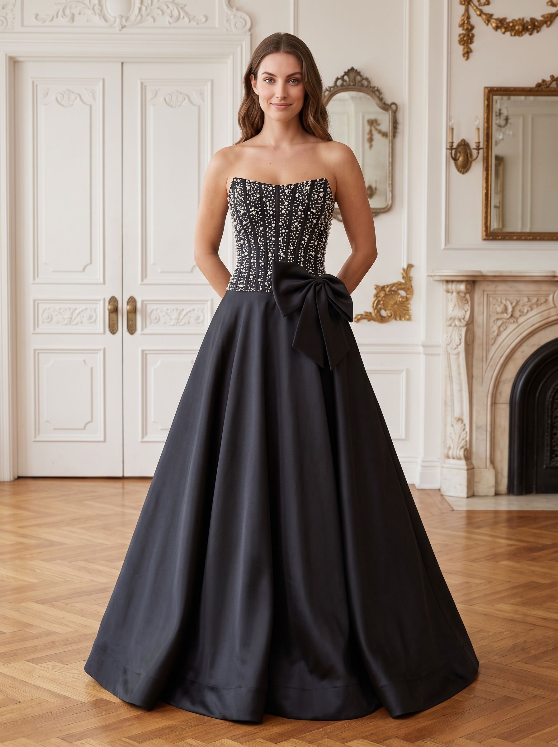 Black Satin A-Line Straight Neck Back Zip Floor-Length Dress with Beaded Bow - Curvevia