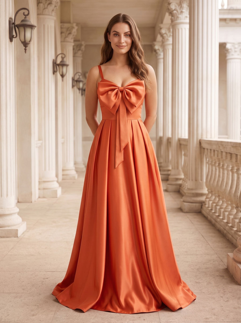 Orange Satin A-Line V-Neck Lace-up Floor-Length Dress with Pleated Bodice - Curvevia