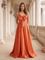 Orange Satin A-Line V-Neck Lace-up Floor-Length Dress with Pleated Bodice - Curvevia