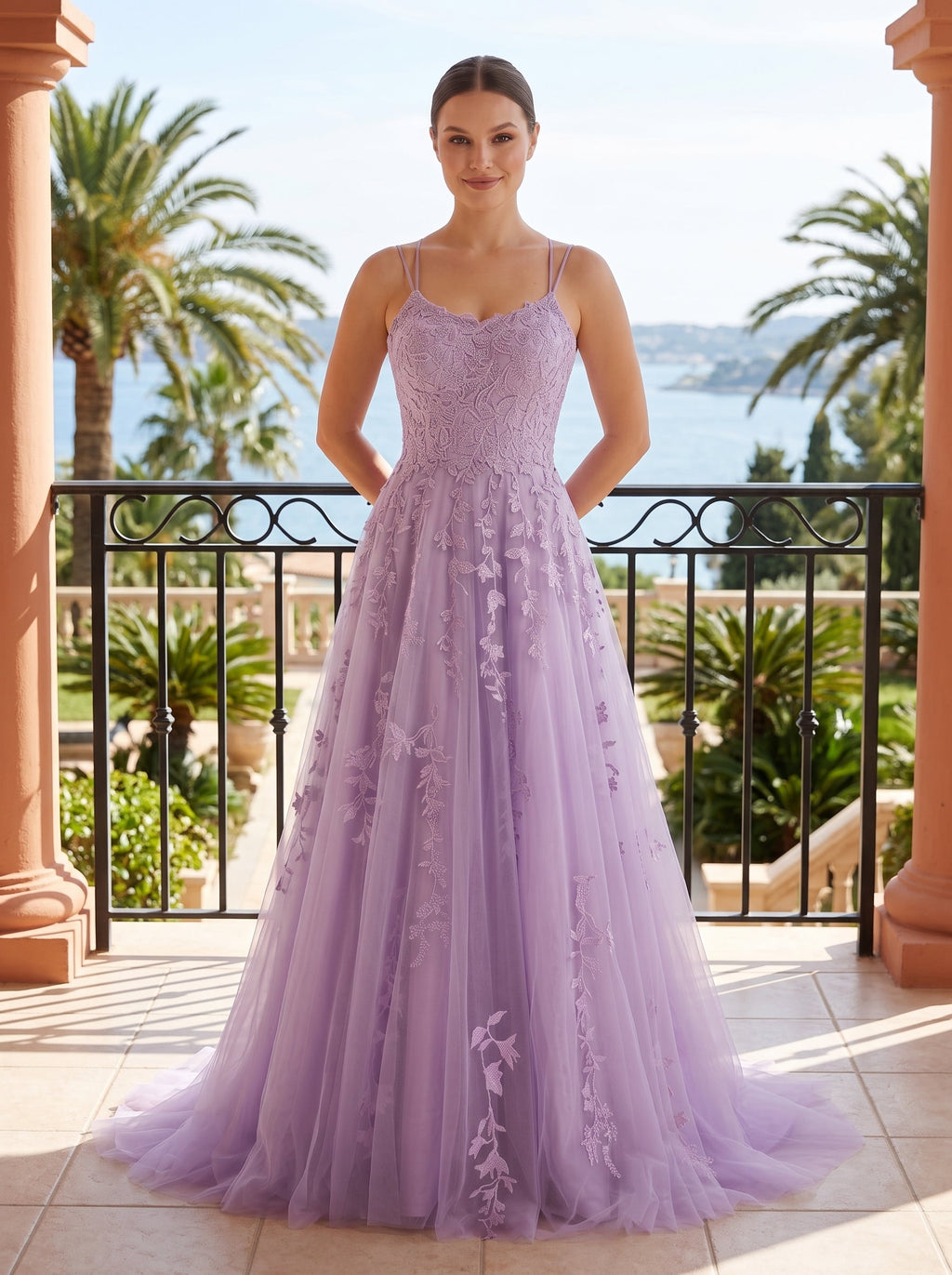 Lilac Tulle A-Line V-Neck Lace-up Floor-Length Dress with Floral Appliques - Curvevia