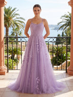 Lilac Tulle A-Line V-Neck Lace-up Floor-Length Dress with Floral Appliques - Curvevia