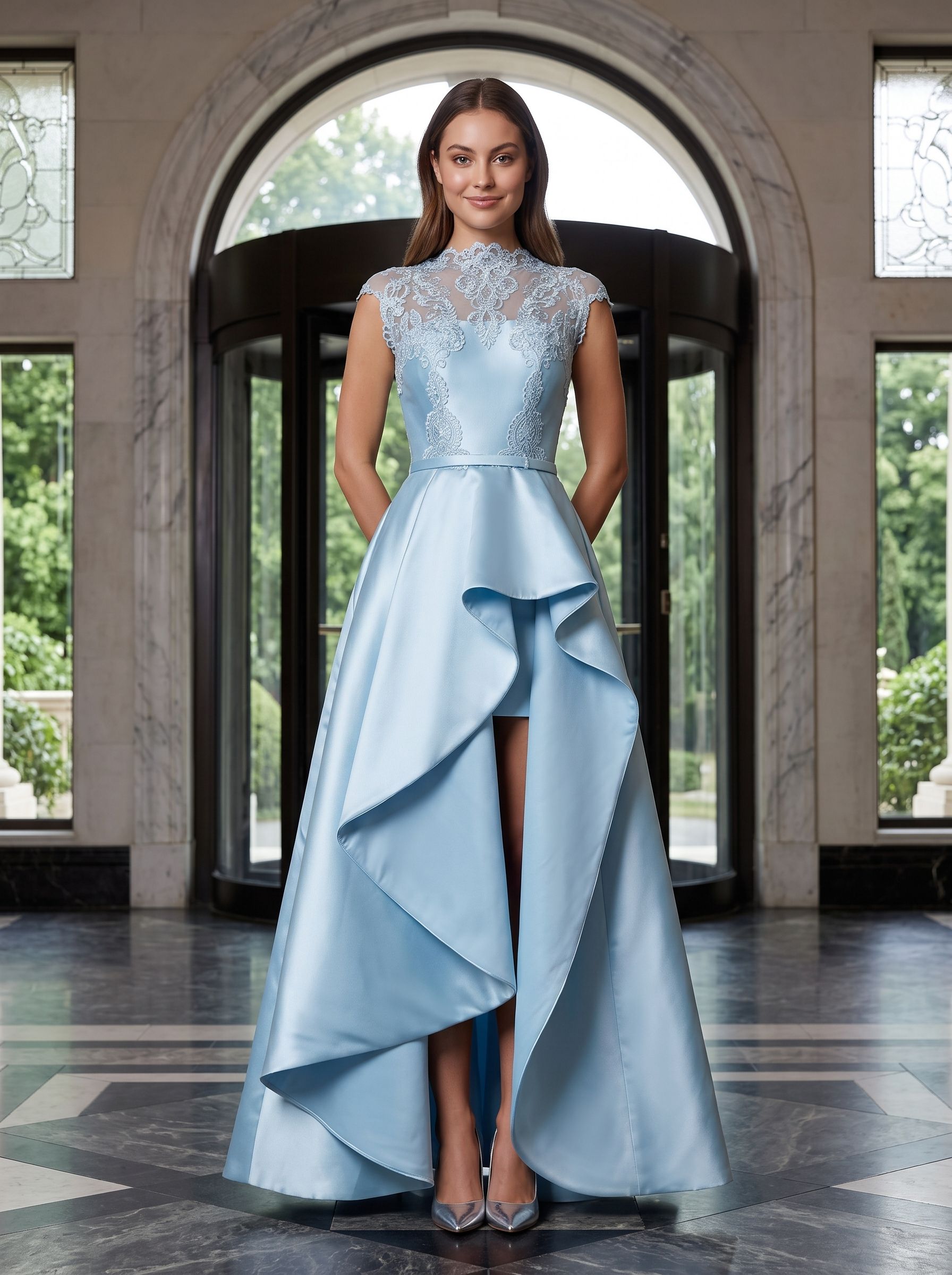 Sky Blue Satin A-Line Scoop Neck Back Zip Floor-Length Dress with Lace Applique Bodice and Side Slit - Curvevia