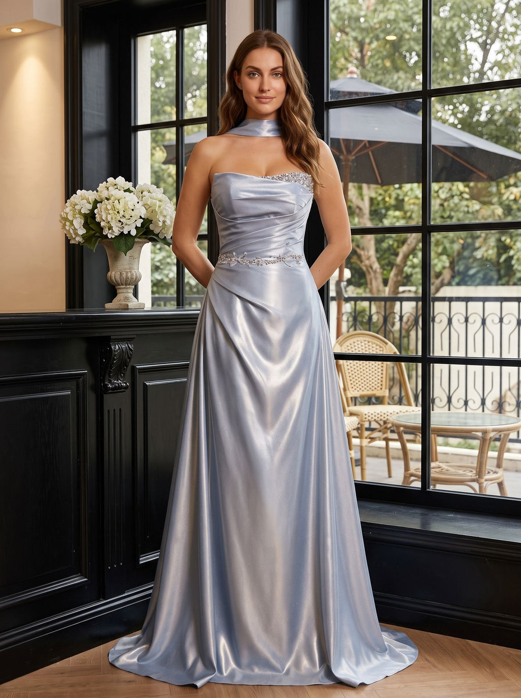 Silver Satin A-Line Straight Neck Criss-Cross Straps Floor-Length Dress with Crystal Belt - Curvevia