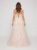 Blushing Pink Tulle A-Line Scoop Neck Lace-up Floor-Length Dress with Ruching - Curvevia