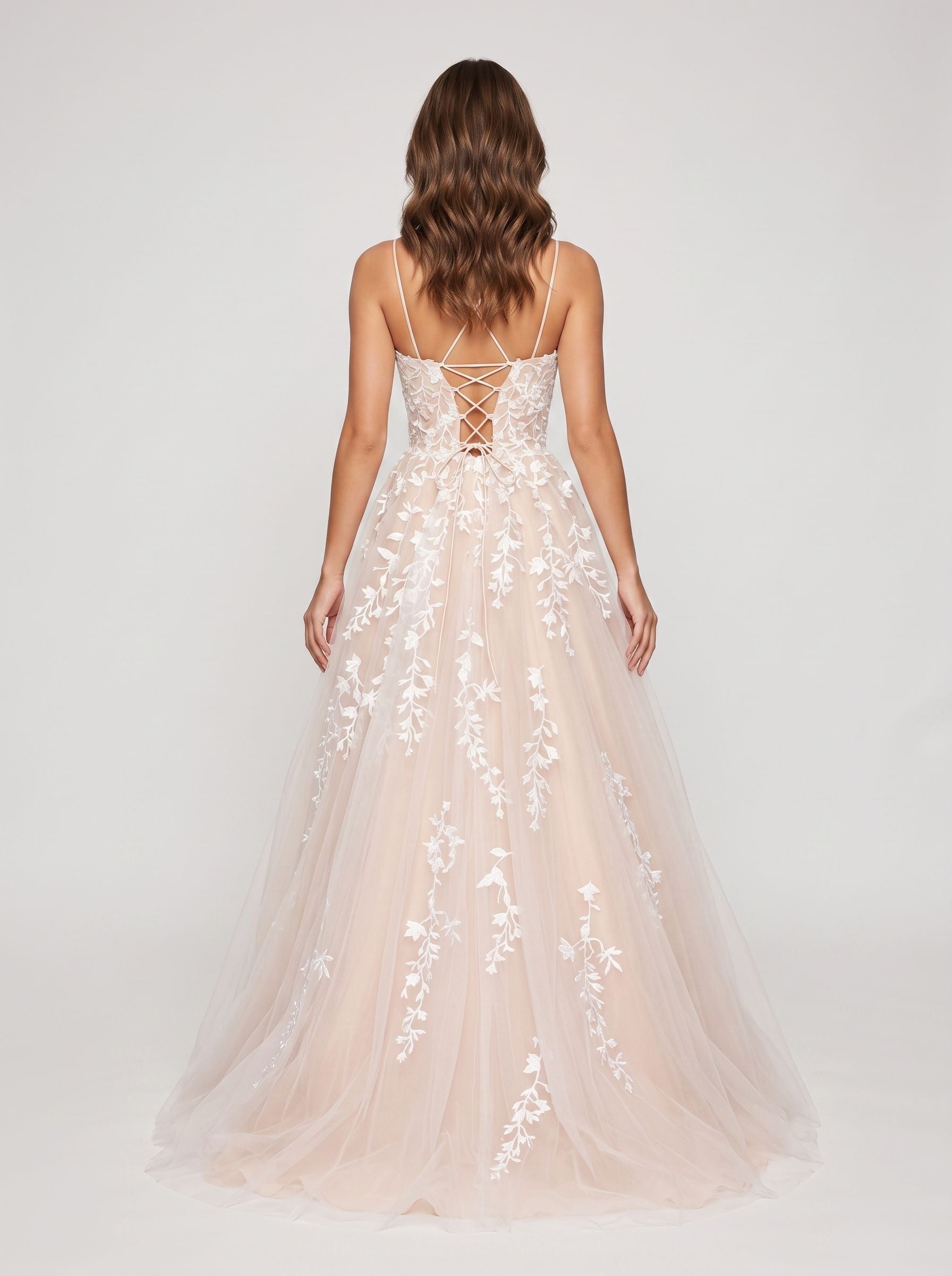 Blushing Pink Tulle A-Line Scoop Neck Lace-up Floor-Length Dress with Ruching - Curvevia