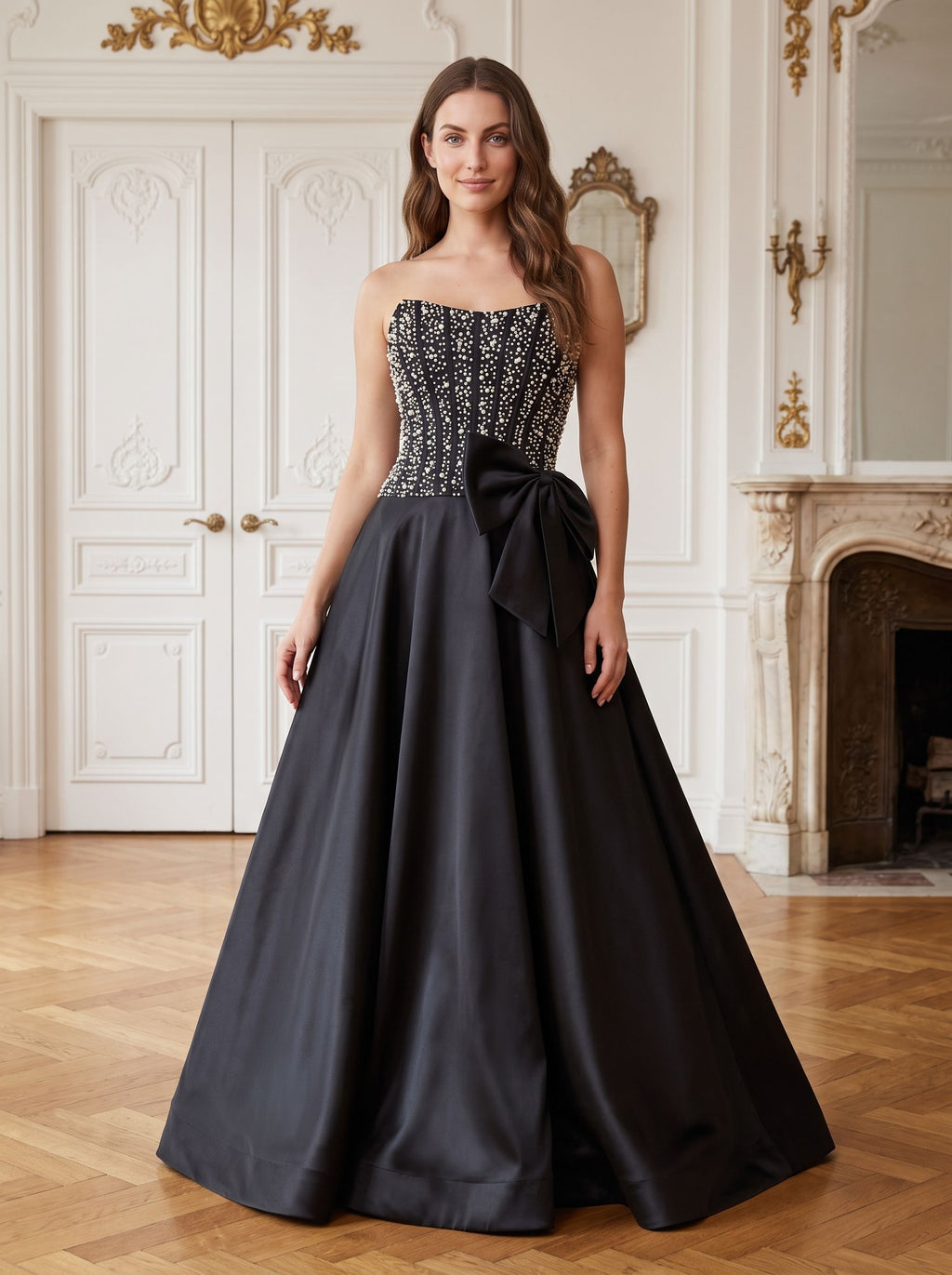 Black Satin A-Line Straight Neck Back Zip Floor-Length Dress with Beaded Bow - Curvevia