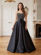Black Satin A-Line Straight Neck Back Zip Floor-Length Dress with Beaded Bow - Curvevia