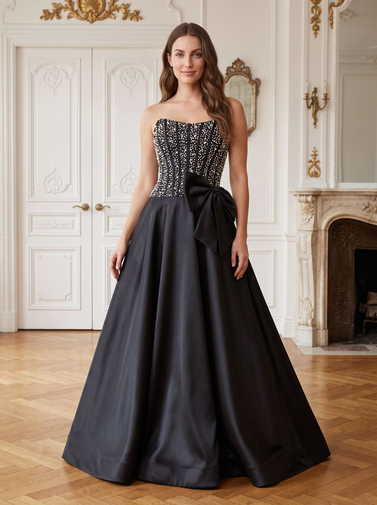 Black Satin A-Line Straight Neck Back Zip Floor-Length Dress with Beaded Bow - Curvevia