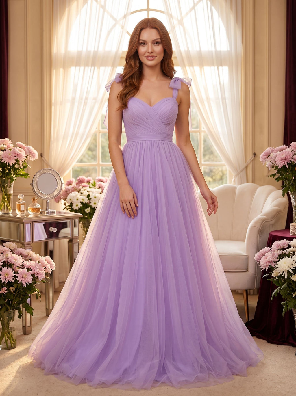 Lavender Tulle A-Line Sweetheart Backless Floor-Length Dress with Bow Shoulder Ties - Curvevia