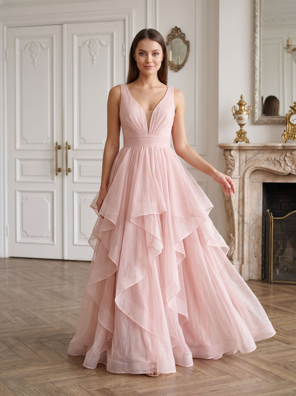 Blushing Pink Tulle A-Line V-Neck Back Zip Floor-Length Dress with Tiered Tulle - Curvevia