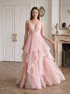 Blushing Pink Tulle A-Line V-Neck Back Zip Floor-Length Dress with Tiered Tulle - Curvevia