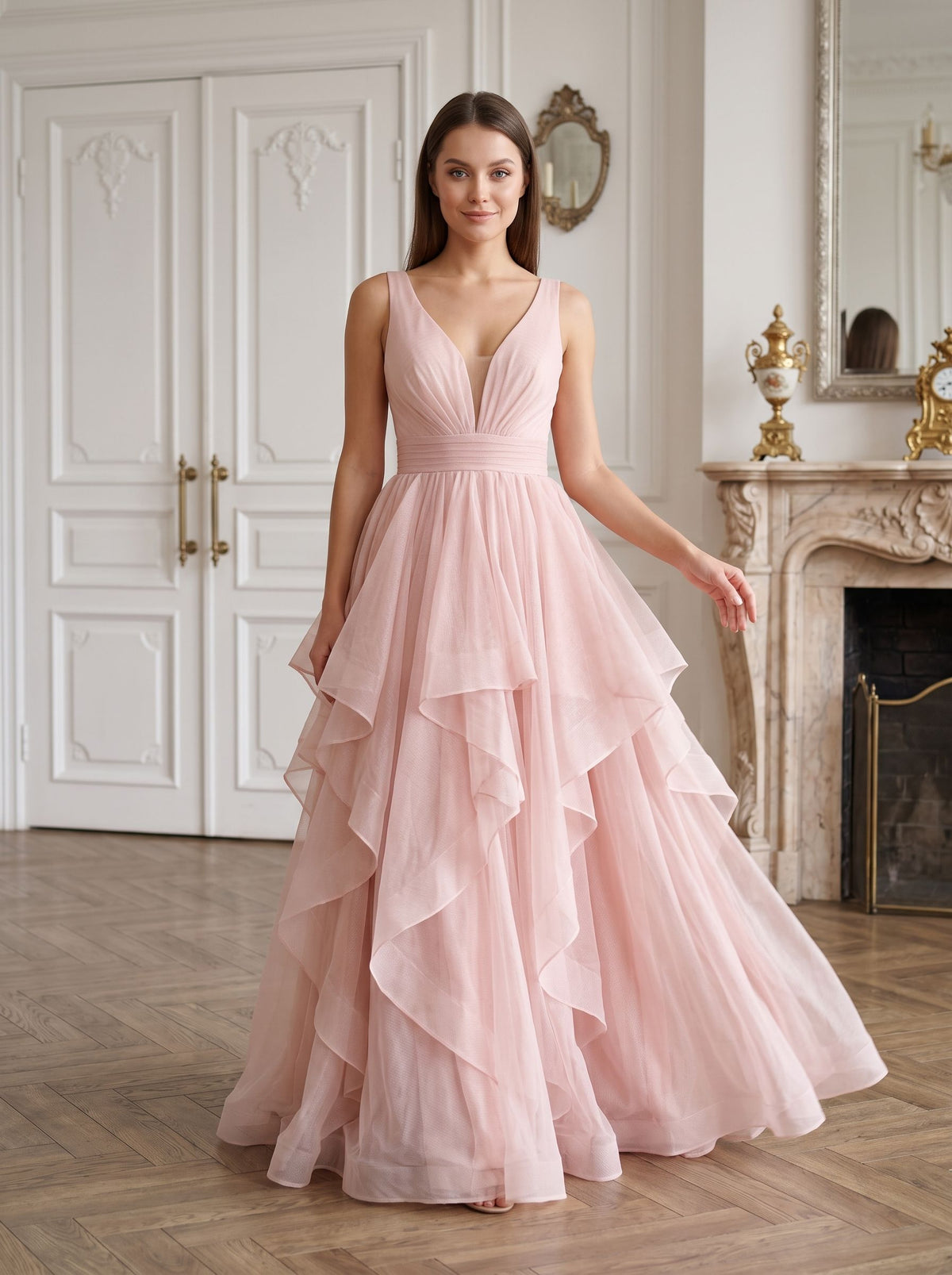 Blushing Pink Tulle A-Line V-Neck Back Zip Floor-Length Dress with Tiered Tulle - Curvevia