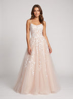 Blushing Pink Tulle A-Line Scoop Neck Lace-up Floor-Length Dress with Ruching - Curvevia