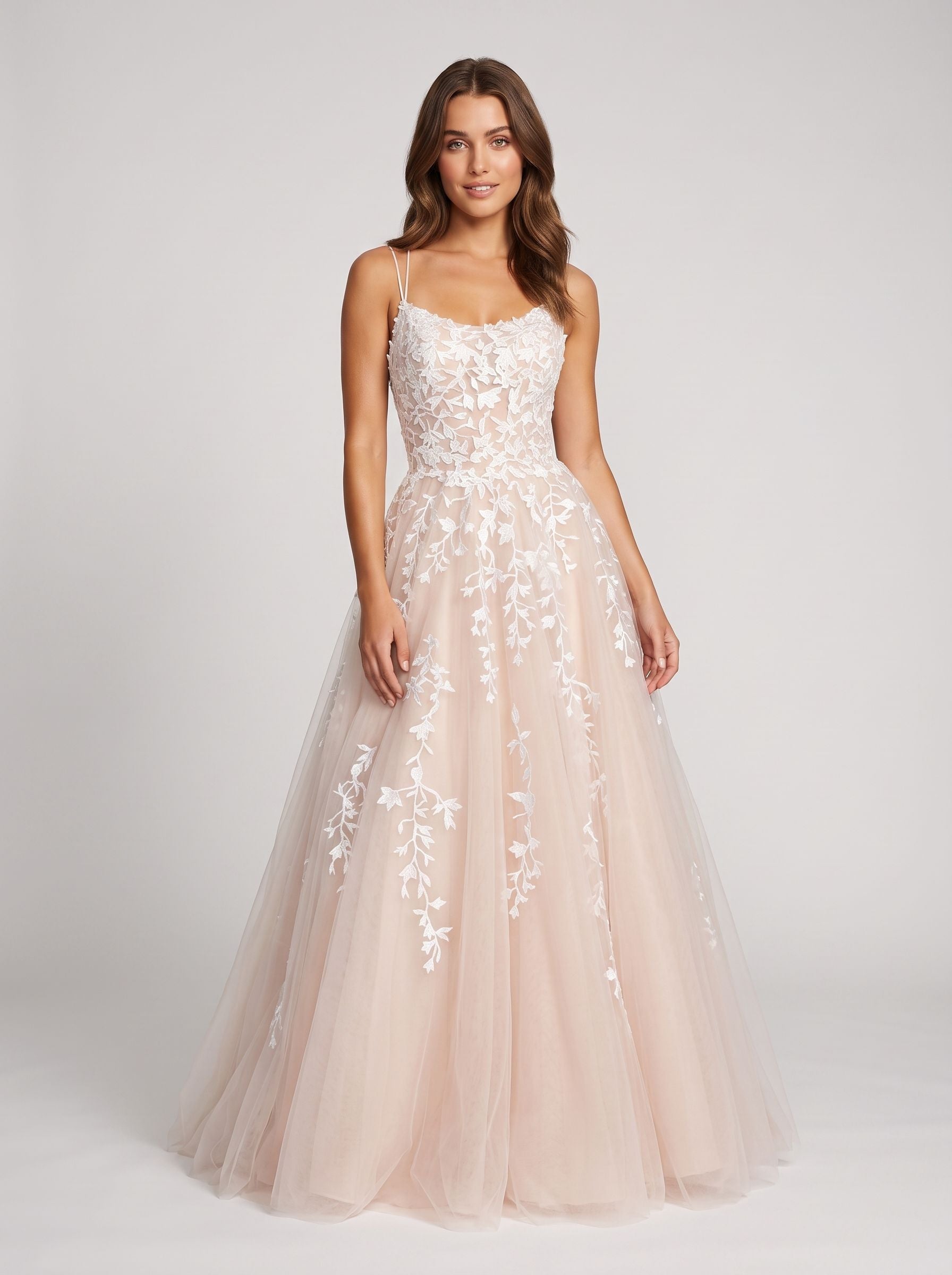 Blushing Pink Tulle A-Line Scoop Neck Lace-up Floor-Length Dress with Ruching - Curvevia