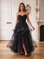 Black Tulle A-Line Sweetheart Back Zip Floor-Length Dress with Ruching and Drape - Curvevia