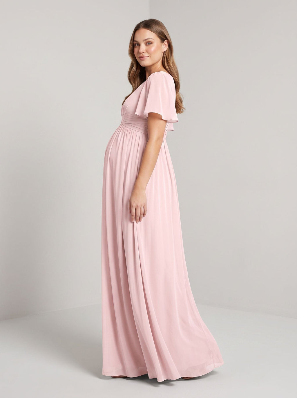 Blushing Pink Chiffon A-Line V-Neck Back Zip Ankle-Length Maternity Bridesmaid Dress - Curvevia