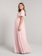 Blushing Pink Chiffon A-Line V-Neck Back Zip Ankle-Length Maternity Bridesmaid Dress - Curvevia