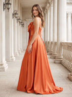 Orange Satin A-Line V-Neck Lace-up Floor-Length Dress with Pleated Bodice - Curvevia