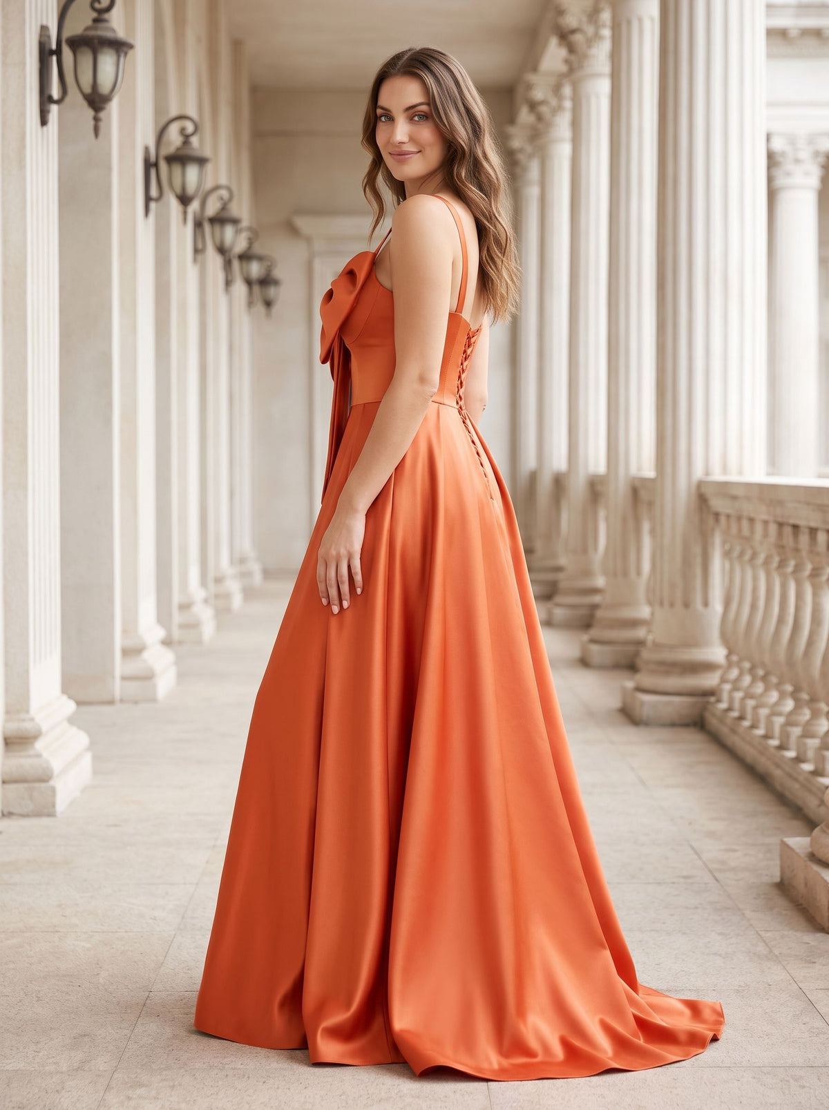 Orange Satin A-Line V-Neck Lace-up Floor-Length Dress with Pleated Bodice - Curvevia