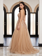 Champagne Tulle A-Line V-Neck Lace-up Floor-Length Dress with Beaded Corset - Curvevia