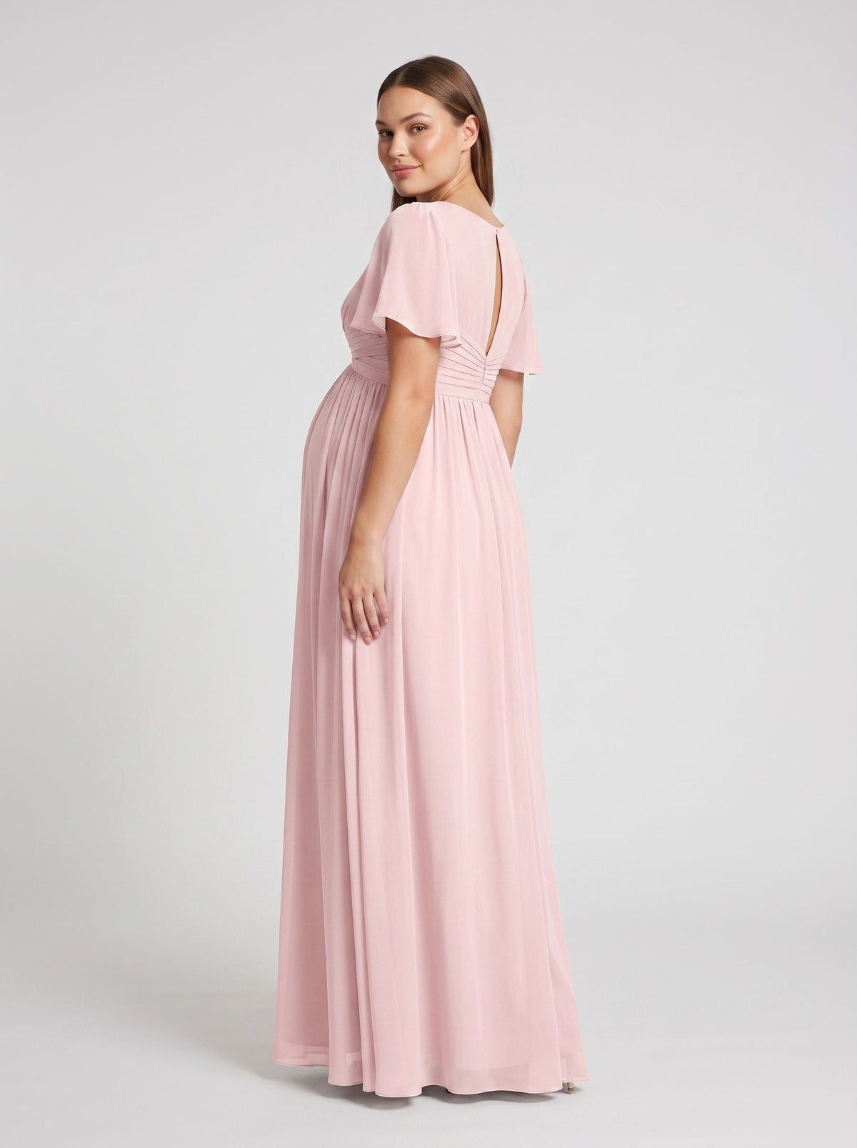 Blushing Pink Chiffon A-Line V-Neck Back Zip Ankle-Length Maternity Bridesmaid Dress - Curvevia