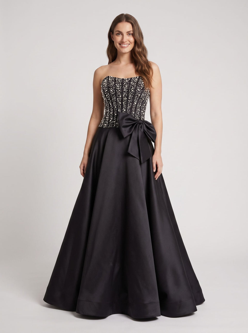 Black Satin A-Line Straight Neck Back Zip Floor-Length Dress with Beaded Bow - Curvevia