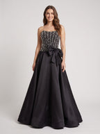 Black Satin A-Line Straight Neck Back Zip Floor-Length Dress with Beaded Bow - Curvevia