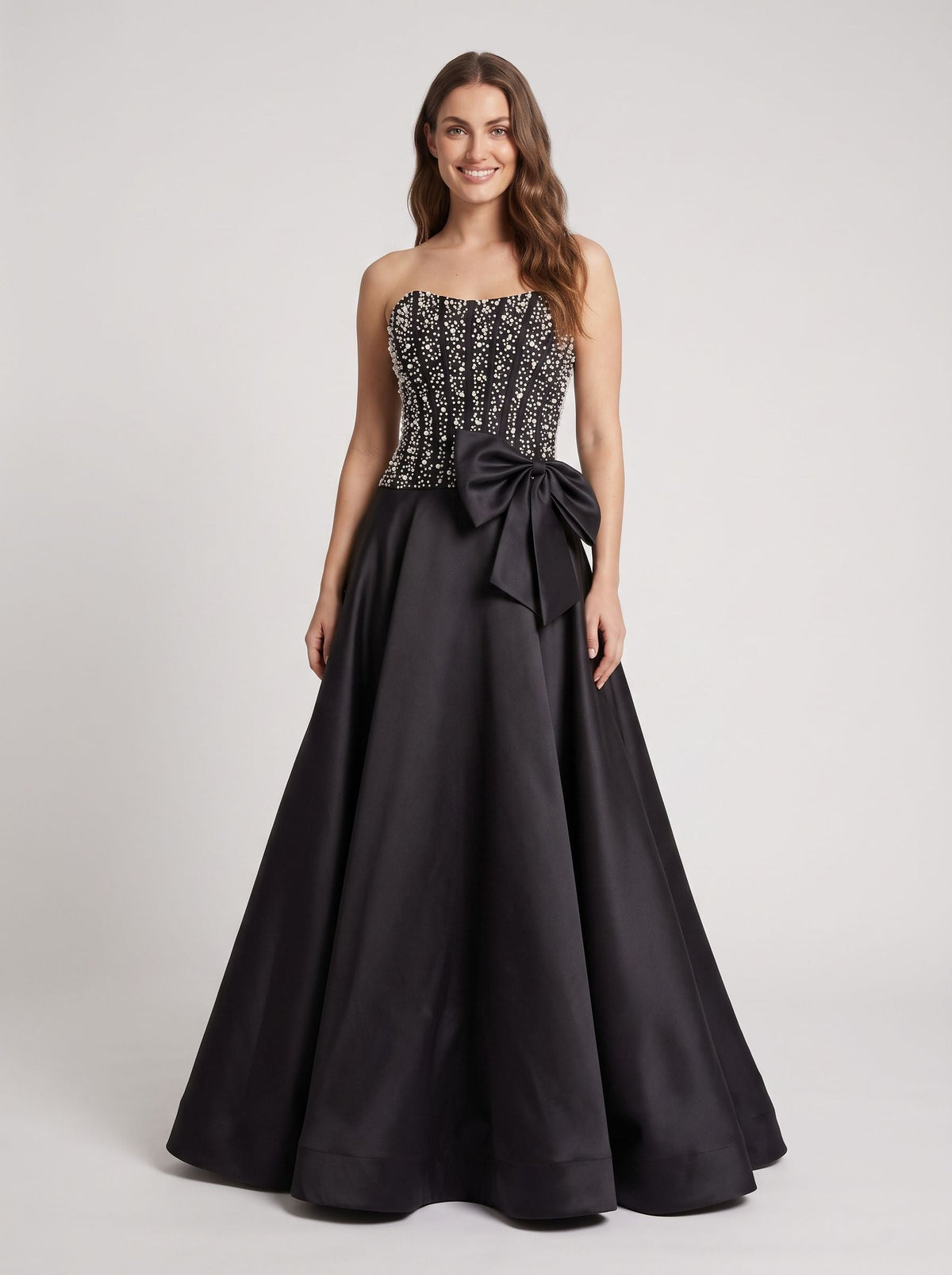 Black Satin A-Line Straight Neck Back Zip Floor-Length Dress with Beaded Bow - Curvevia
