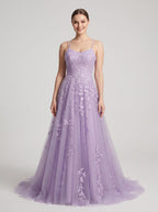 Lilac Tulle A-Line V-Neck Lace-up Floor-Length Dress with Floral Appliques - Curvevia