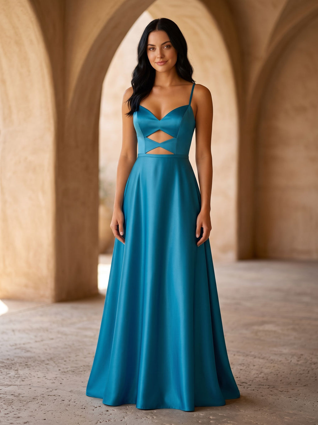 Peacock Blue Satin A-Line V-Neck Back Zip Floor-Length Dress with Spaghetti Straps - Curvevia