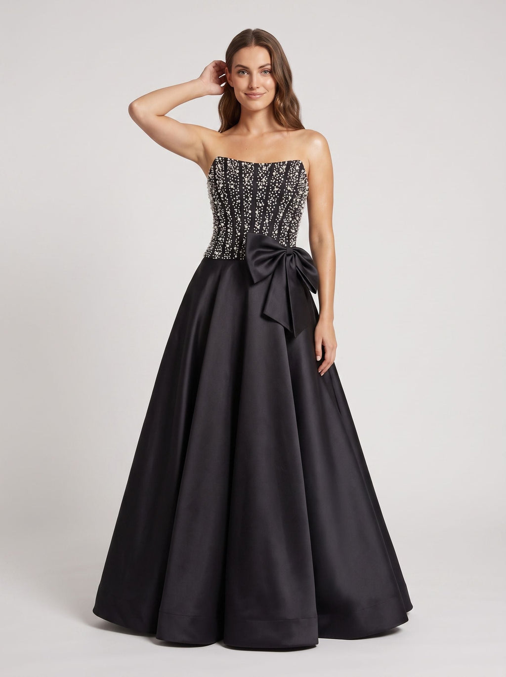 Black Satin A-Line Straight Neck Back Zip Floor-Length Dress with Beaded Bow - Curvevia